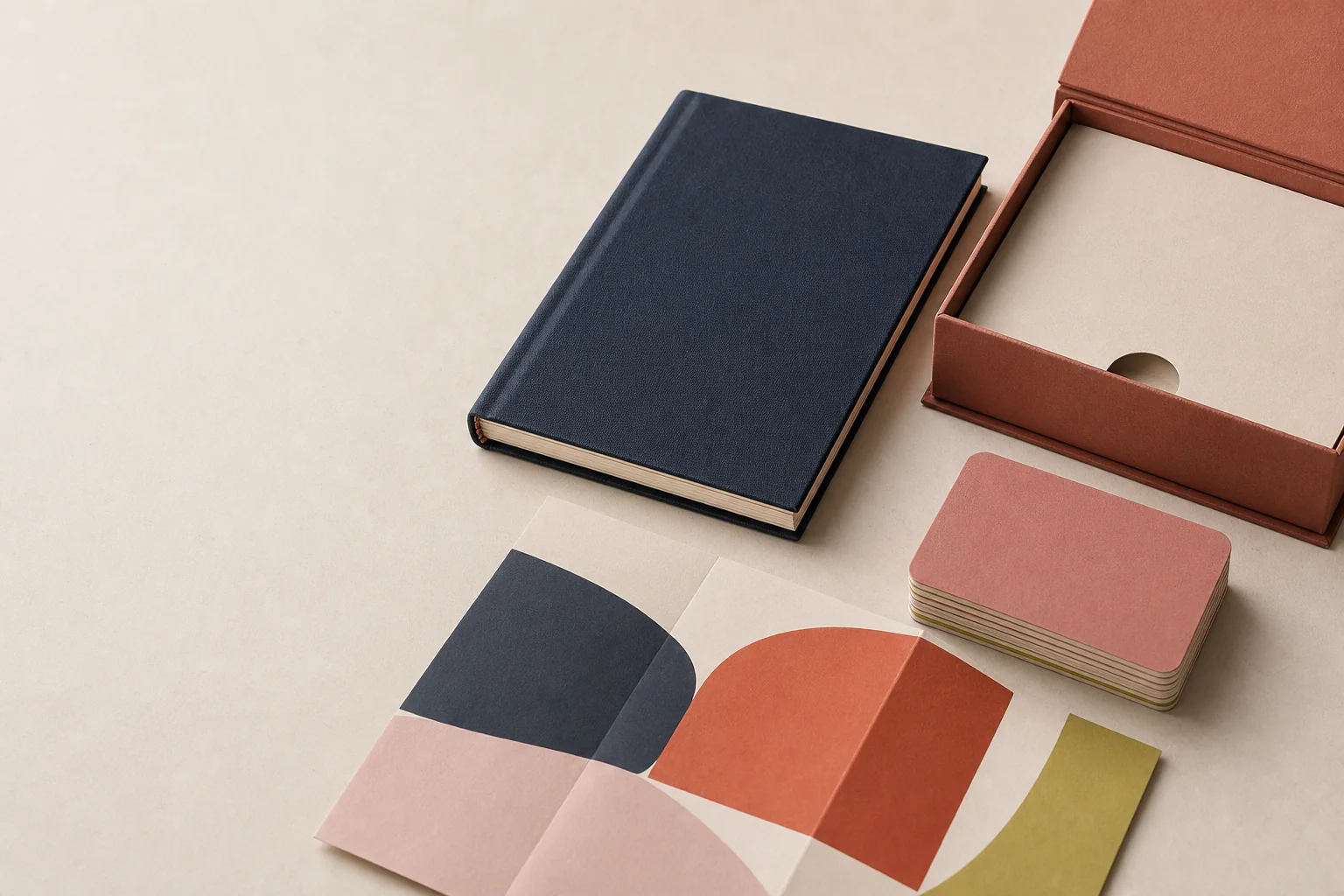 Illustrative arrangement of an unbranded hardcover book, card deck, folded print and presentation box.